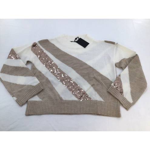 DKNY  Womens Size Medium Ivory Beige Sequin Stripe Pullover Long Sleeve Sweater