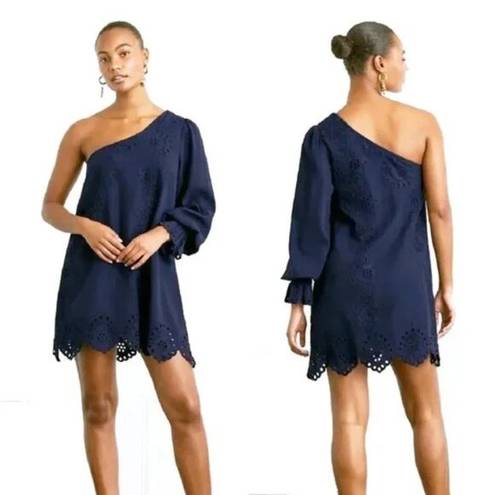 Hill House  Milla Linen Eyelet Mini One Shoulder Dress Womens Sz. Small Navy Blue