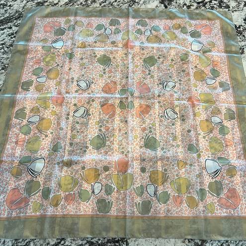 Vintage Bessi Style Silk Scarf Leaves Floral Pink Orange Silk Scarf Leaf Flower