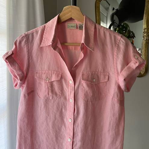 L.L.Bean  100% Linen Pastel Pink Button Up - Short Sleeves & Breast Pockets