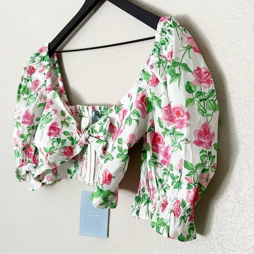 Hill House  The Isabella Top Pink Roses Poplin Puff Sleeve Tie Front Floral