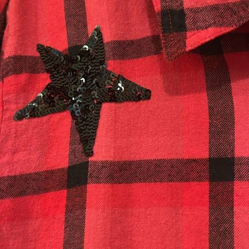 Style & Co  Red and Black Plaid Button Up Shirt with Sequin Stars Top