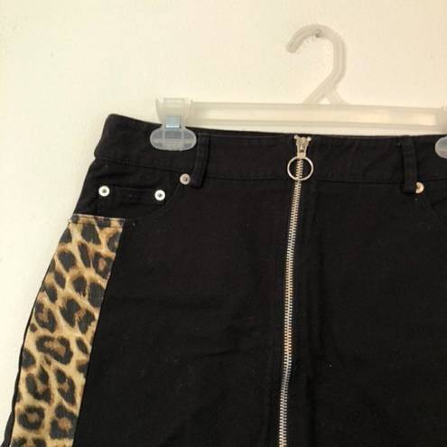 Forever 21  Leopard Panel Denim Skirt Black Tan Cheetah Animal High Waisted Mini