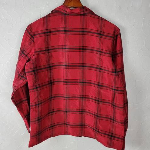 Coldwater Creek  Womens Shirt Size M Red Holiday Plaid Silk Lightweight Button Up