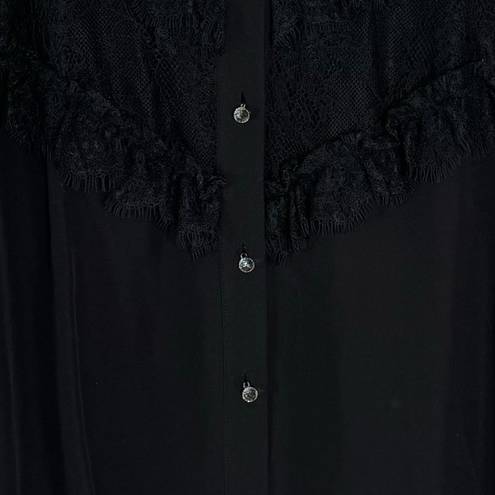 Alexis  Silk Lace Trim Mock Neck Blouse with Faceted Buttons Black Size L