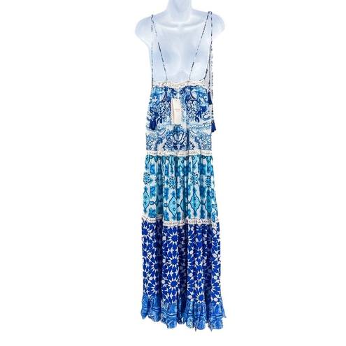 Rococo  Sand Oriental Labyrinth Printed Sleeveless Tassel Lace Tiered Maxi Dress