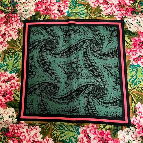 Oscar de la Renta  Vintage Square Silk Scarf Pink Floral Green Retro Designer