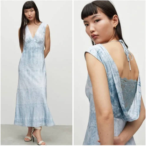 ALLSAINTS NEW $429  Blue Lace Printed Silk Maxi Slip Dress