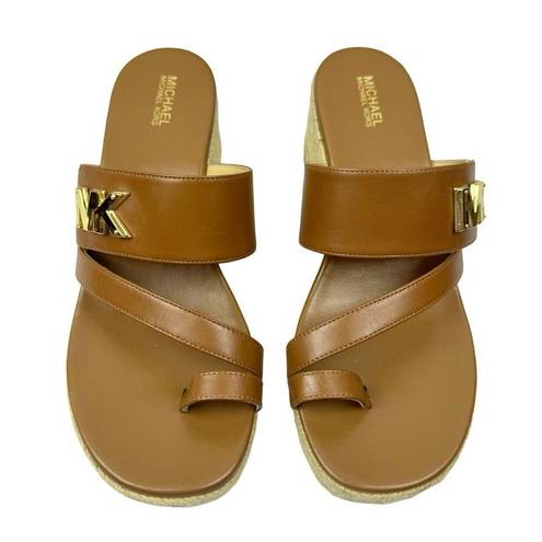 Michael Kors  Sidney Mid Wedge Espadrille Leather Sandal 7.5 M Brown Tan Logo