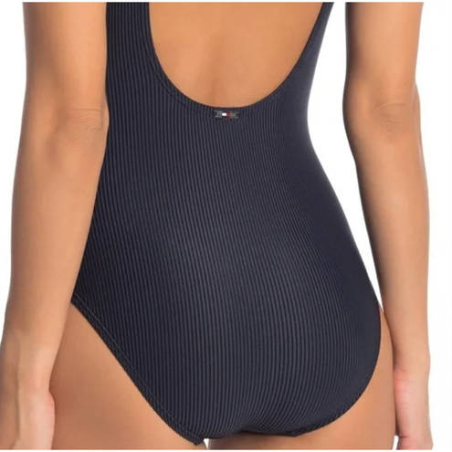 Tommy Hilfiger  Women's Ribbed Snap-Front One-Piece Navy Blue Swimsuit 10 NWT