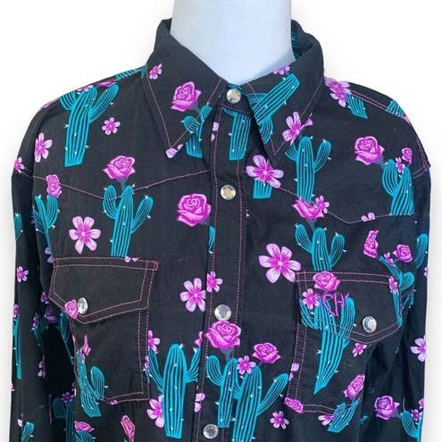 Blossom Cowgirl Hardware Shirt Black Pink Cactus  Floral Snap Front Western Top