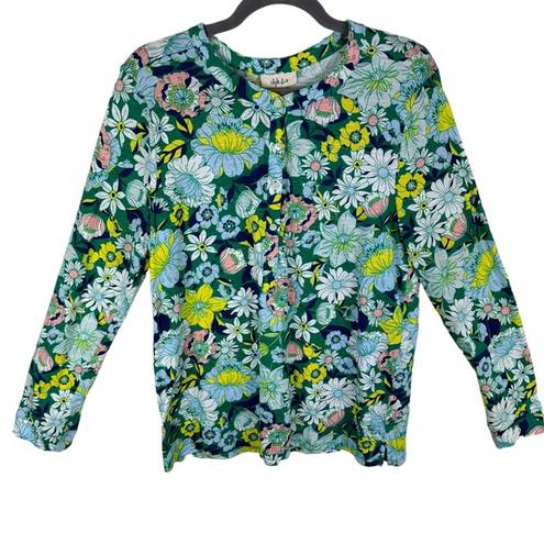 Style & Co  100% Cotton Floral 1/4 Button Up Long Sleeve Crew Neck Top Size XL