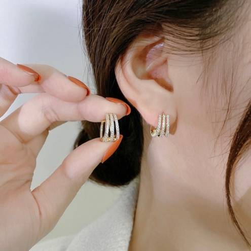 18K Gold Plated Three Circles Hoop Earrings for Women, CZ Cubic Zirconia Earrings