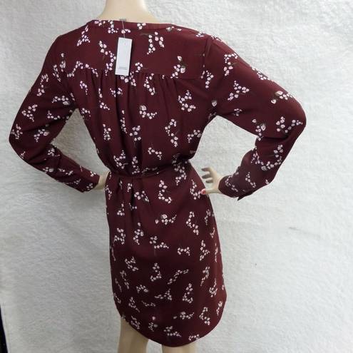 The Loft "" BURGUNDY FLORAL LONG SLEEVES SHIRTTAIL TIE WAIST CAREER DRESS SZE: S NWT