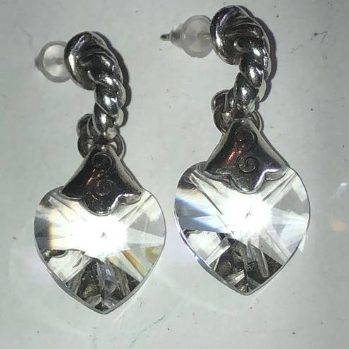 Brighton  Vintage Silver Tone Clear CZ Heart Boho Pierced Earrings