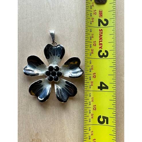 Petal Five  Dark Navy Blue Flower Necklace Pendant with Black Pistil Rhinestones