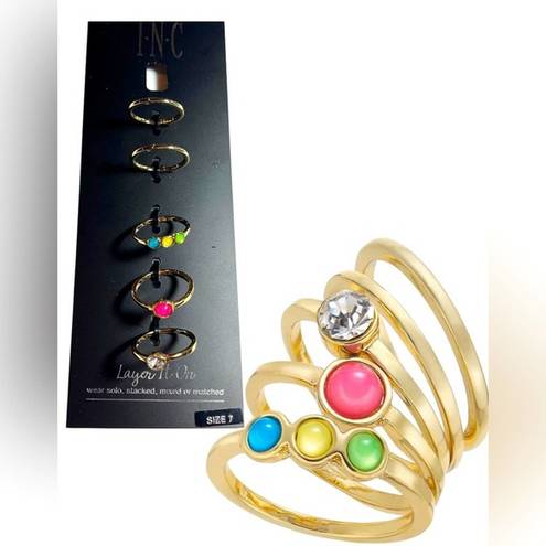 INC NEW  (5) STACK RING SET Size 7 Gold Tone Crystal Stone Pink Green Blue Yellow