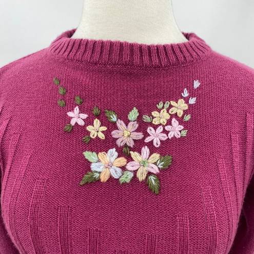 Cinch Vintage 90s Floral Embroidered Sweater Crew Neck Laced  Waist Magenta M