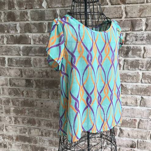 fab'rik  Blouse Small? Sheer Swing Back Flowy Abstract Artsy Festive Retr…