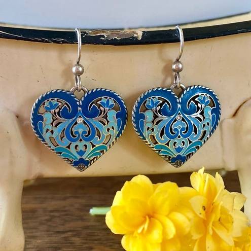 Brighton  Volare French Wire Heart Earrings Silver-Blue w/Swarovski Crystals EUC!