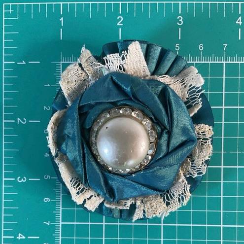 Vintage Blue  Satin Lace Silver Pearl Prom Corsage Brooch Pin