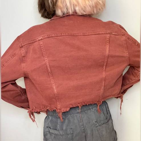 Unpublished  Distressed Denim Jacket Brick Red Color Cropped Frayed