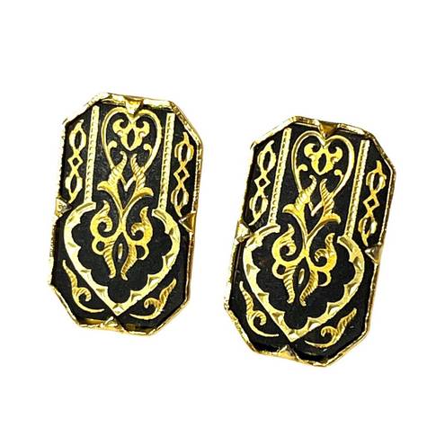 Onyx VTG Ai Earrings  Etched Gold Filled Birds Flowers Damascene Floral
