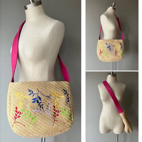 Dove  Vintage Y2K Straw Floral Embroidered Large Crossbody Bag Woven Purse Rare