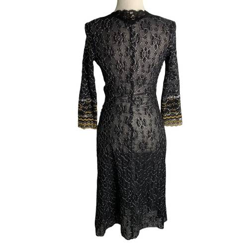 Betsey Johnson Vintage 90s  Sheer Lace Midi Dress L Black Silver Metallic Wrap