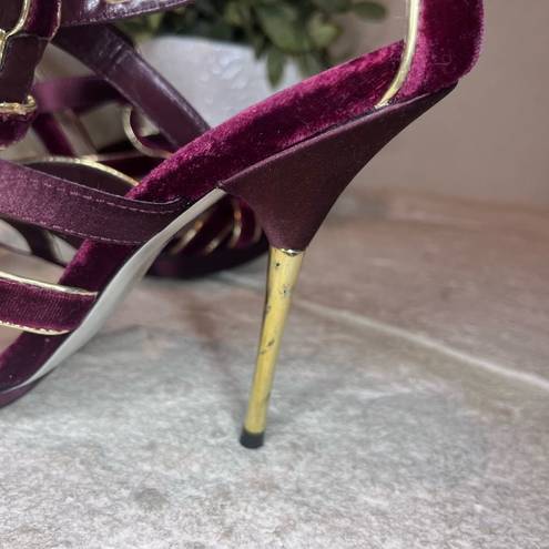 H by Halston  burgundy suede w/gold trim strappy heels sz 6M