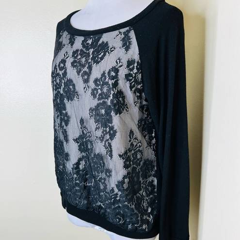 Karen Kane  Sweater MEDIUM Black Lace Scoop Neck Pullover Floral Jersey Knit