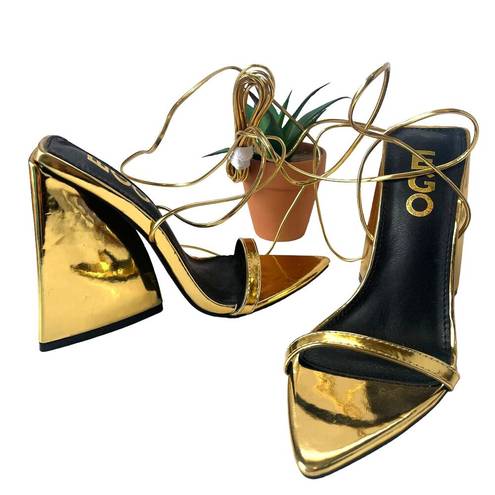 EGO  Gold Lace Up Chunky Heeled Womens Sandals Shoes Size 5 Shiny Pointed