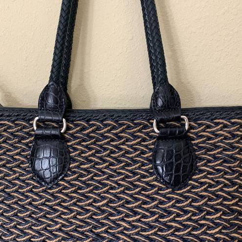 Brighton Blue Straw Woven Tote Bag Black Leather Trim