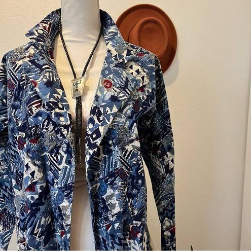 Vintage Blue  Abstract Printed Cotton Long Collared House Duster Blazer Trench