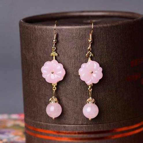 18K Gold Plated Pink Agate Flower Dangle Drop Earrings for Women,Flower Earrings