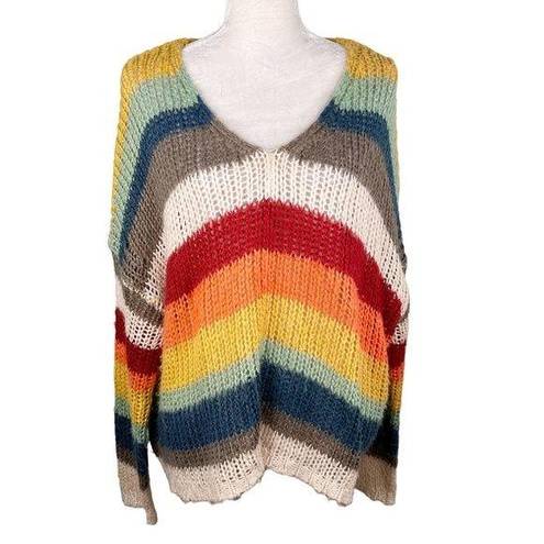 Elan  Sweater Rainbow Oversized Open Knit Stripes Large V-Neck