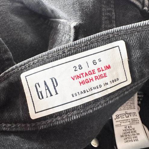 Gap  Denim Washed Black Vintage High Rise Slim Jeans Open Raw Ankle Hem 28 Short