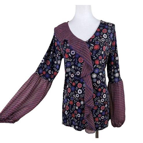 August Silk Women's Blouse MEDIUM Multicolor Floral Pattern Front Ruffles