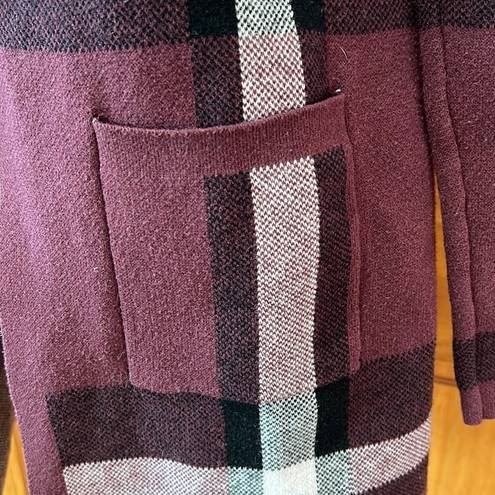 Elle  Plaid Open Front Long Cardigan with Pockets XS - Burgundy, White & Black