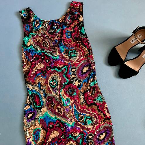 Oleg Cassini Black Tie Vintage 80’s Rainbow Sequin Paisley Mini Dress