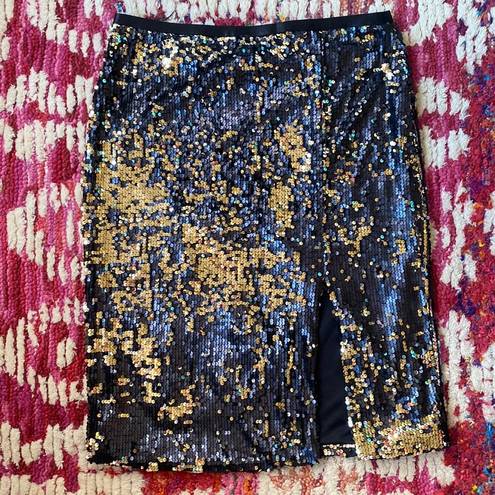 Nine West  Sz XL Black Gold Sequin Sparkle Pencil Skirt Front Slit Elastic Waist