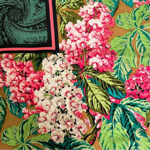 Oscar de la Renta  Vintage Square Silk Scarf Pink Floral Green Retro Designer