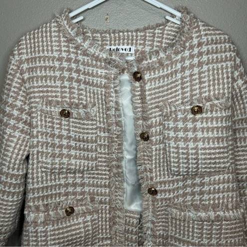 Houndstooth Beloved neutral pink fringe trim  tweed blazer size small