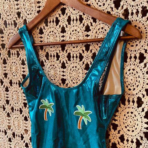 Urban Outfitters Private Party Metallic Shiny Turquoise Blue Palm Tree One Piece Bathing Suit S/M