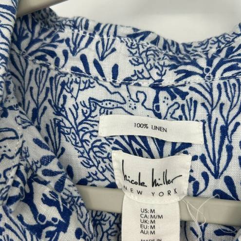 Nicole Miller  Linen Button Up Shirt Coral Reef Print Blue White Beachy Size M