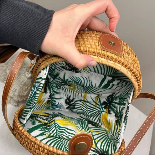 Wicker and Mother of Pearl Woven Crossbody Round Bag