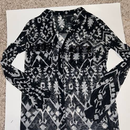 INC  International Concepts - Black/White Pattern Sheer Mesh Button Down (Petite)