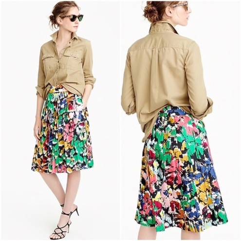 J.Crew  Silk Pleated Brushstroke Print Midi Skirt