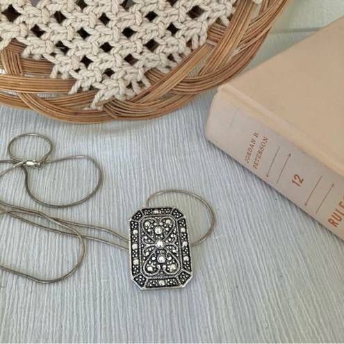 American Vintage Vintage “Jayne” Silver Tone Charm Pendant Necklace Rectangle Scroll Work Metallic Pin