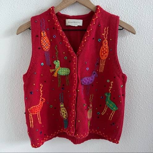 Susan Bristol Vintage  Red Knit Ugly Christmas Novelty Sweater Vest Small